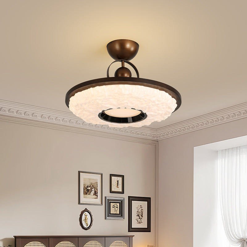 Traditional Chinese Round Drum Shape Acrylic Iron LED Semi-Flush Mount Ceiling Light For Bedroom