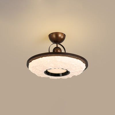 Traditional Chinese Round Drum Shape Acrylic Iron LED Semi-Flush Mount Ceiling Light For Bedroom