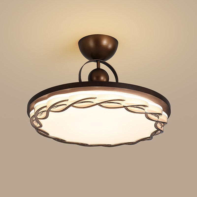 Traditional Chinese Round Drum Shape Acrylic Iron LED Semi-Flush Mount Ceiling Light For Bedroom