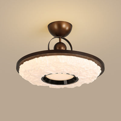 Traditional Chinese Round Drum Shape Acrylic Iron LED Semi-Flush Mount Ceiling Light For Bedroom