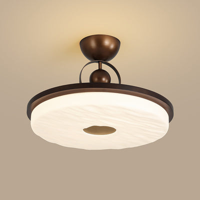 Traditional Chinese Round Drum Shape Acrylic Iron LED Semi-Flush Mount Ceiling Light For Bedroom