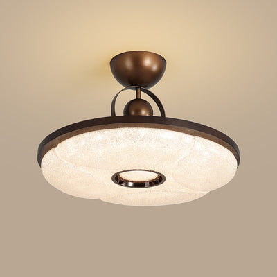 Traditional Chinese Round Drum Shape Acrylic Iron LED Semi-Flush Mount Ceiling Light For Bedroom