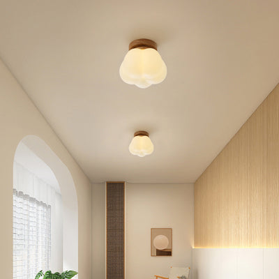 Contemporary Nordic Dome Pumpkin Shape Round Base Wood PE 1-Light Semi-Flush Mount Ceiling Light For Hallway