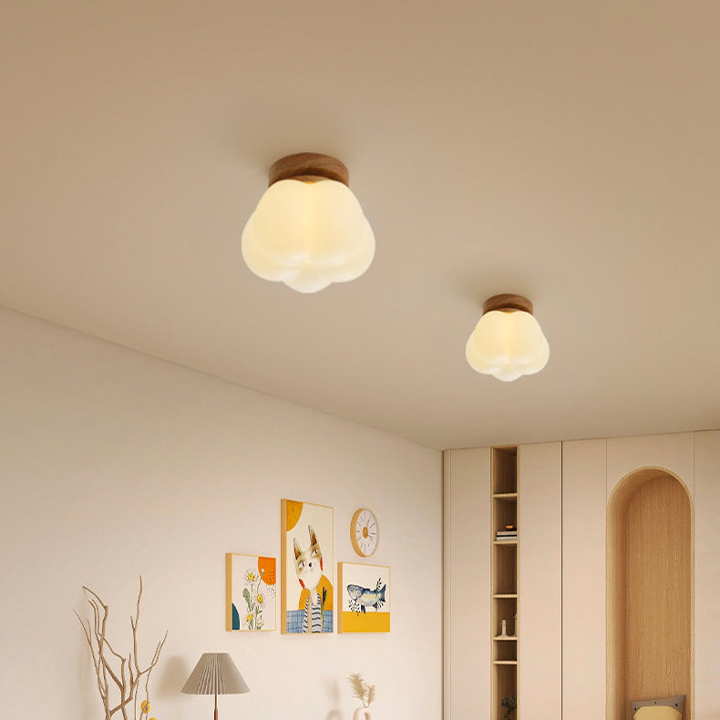 Contemporary Nordic Dome Pumpkin Shape Round Base Wood PE 1-Light Semi-Flush Mount Ceiling Light For Hallway