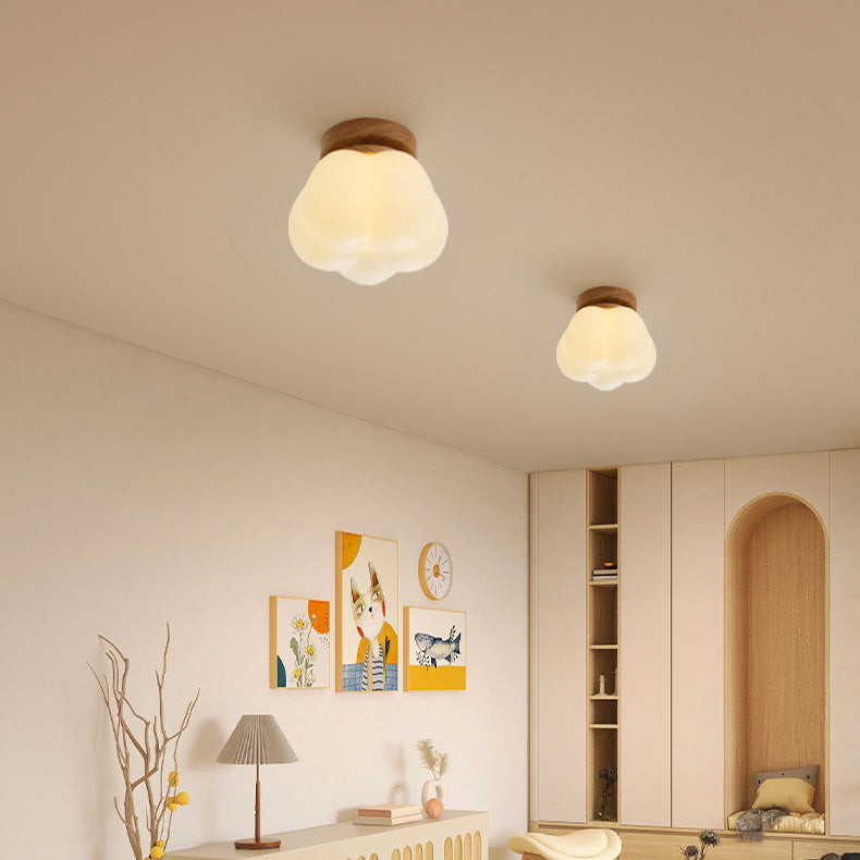 Contemporary Nordic Dome Pumpkin Shape Round Base Wood PE 1-Light Semi-Flush Mount Ceiling Light For Hallway