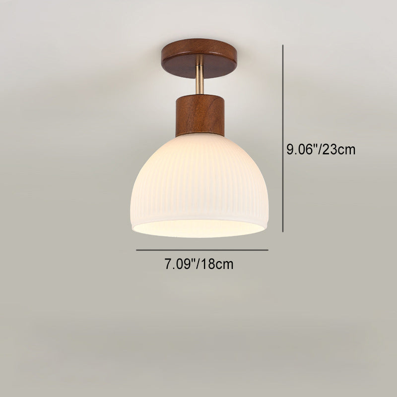 Contemporary Nordic Dome Pumpkin Shape Round Base Wood PE 1-Light Semi-Flush Mount Ceiling Light For Hallway