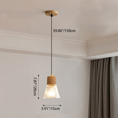 Contemporary Nordic Hemp Rope Wood Glass Conical Drum Shape 1-Light Pendant Light For Bedroom