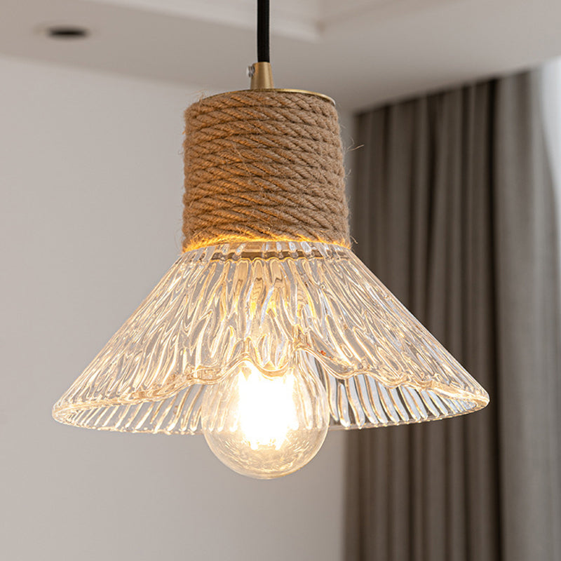 Contemporary Nordic Hemp Rope Wood Glass Conical Drum Shape 1-Light Pendant Light For Bedroom