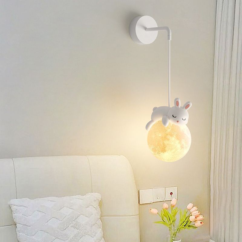 Contemporary Creative Kids Rabbit Bear Animal Iron Resin PLA 1-Light Wall Sconce Lamp For Bedroom