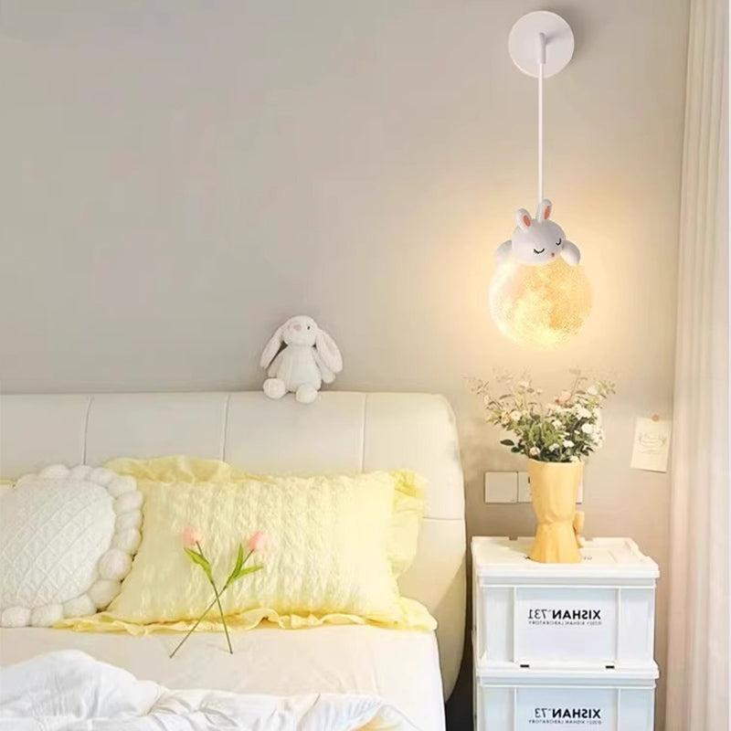 Contemporary Creative Kids Rabbit Bear Animal Iron Resin PLA 1-Light Wall Sconce Lamp For Bedroom