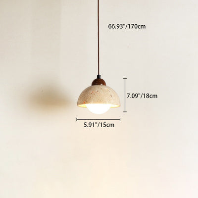 Traditional Japanese Yellow Travertine Wood Dome Cylinder 1-Light Pendant Light For Living Room