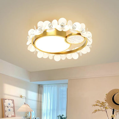 Modern Luxury Iron Acrylic Glass Crystal Petal Round LED Flush Mount Ceiling Light For Bedroom