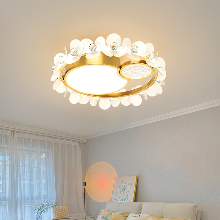 Modern Luxury Iron Acrylic Glass Crystal Petal Round LED Flush Mount Ceiling Light For Bedroom