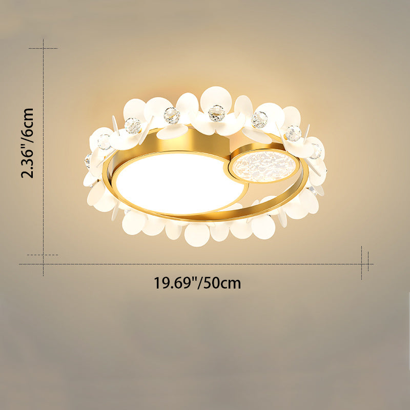 Modern Luxury Iron Acrylic Glass Crystal Petal Round LED Flush Mount Ceiling Light For Bedroom