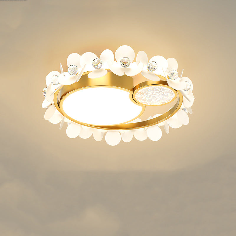 Modern Luxury Iron Acrylic Glass Crystal Petal Round LED Flush Mount Ceiling Light For Bedroom