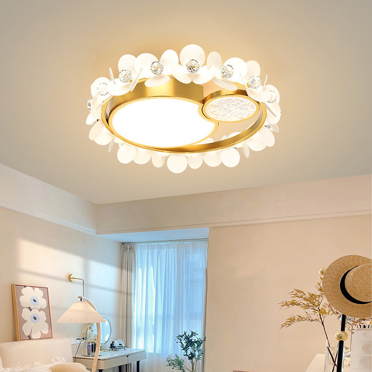 Modern Luxury Iron Acrylic Glass Crystal Petal Round LED Flush Mount Ceiling Light For Bedroom