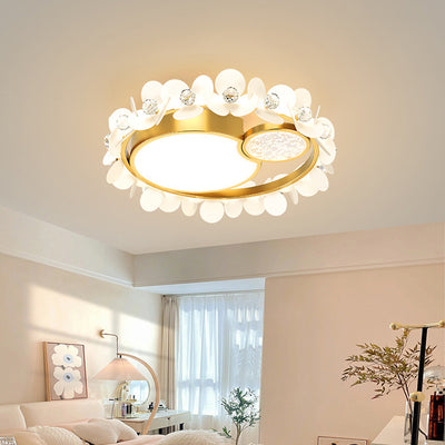 Modern Luxury Iron Acrylic Glass Crystal Petal Round LED Flush Mount Ceiling Light For Bedroom