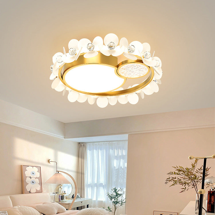 Modern Luxury Iron Acrylic Glass Crystal Petal Round LED Flush Mount Ceiling Light For Bedroom