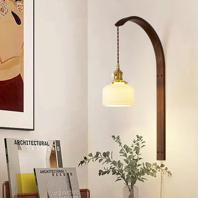 Traditional Japanese Walnut Wood Glass Ceramic Curved Conic Prism Cylinder 1-Light Wall Sconce Lamp For Bedroom