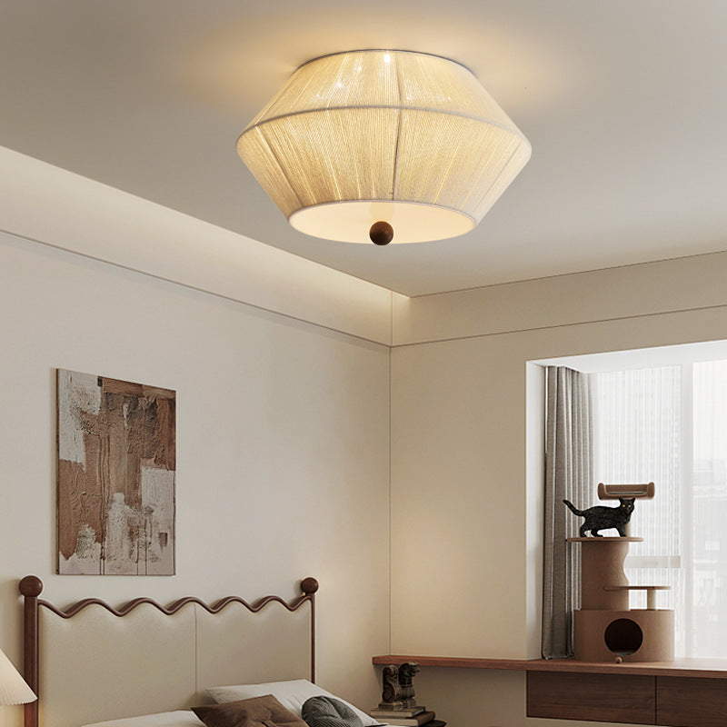 Traditional French Wood Hemp Rope Flying Saucer 3-Light Flush Mount Ceiling Light For Bedroom