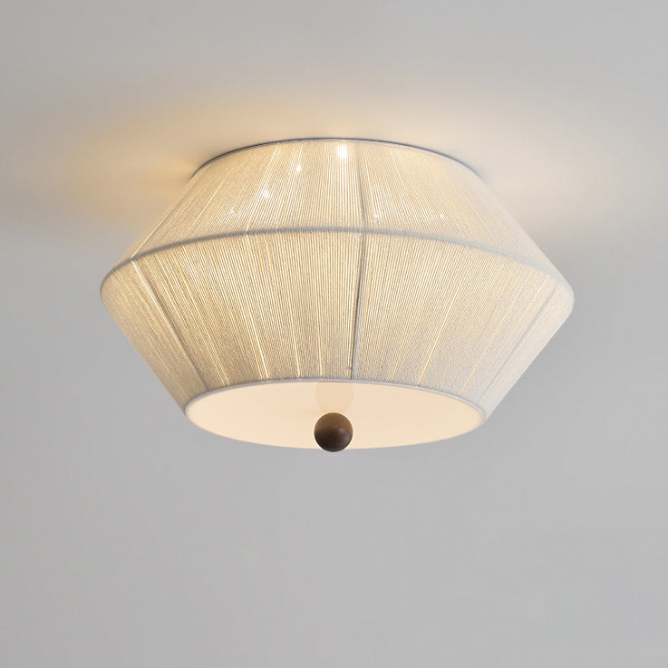 Traditional French Wood Hemp Rope Flying Saucer 3-Light Flush Mount Ceiling Light For Bedroom