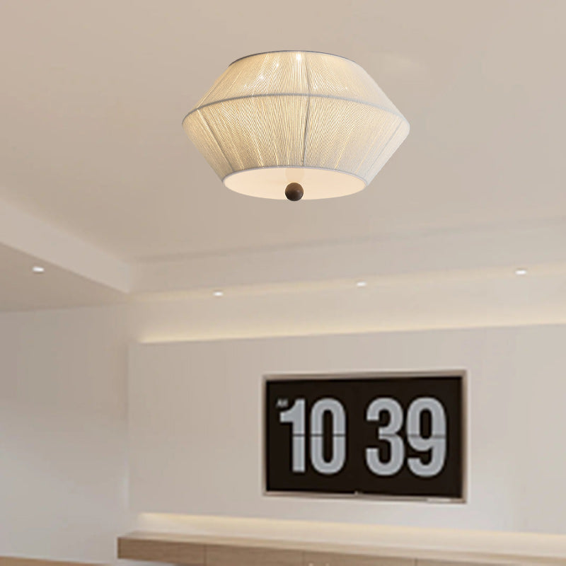 Traditional French Wood Hemp Rope Flying Saucer 3-Light Flush Mount Ceiling Light For Bedroom