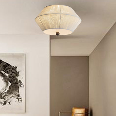 Traditional French Wood Hemp Rope Flying Saucer 3-Light Flush Mount Ceiling Light For Bedroom