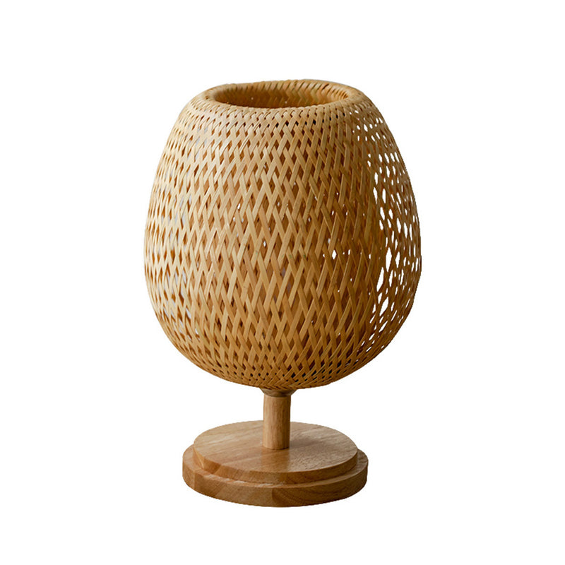 Traditional Japanese Round Base Hand Knitted Weaving Bamboo Wood Metal 1-Light Table Lamp For Bedroom