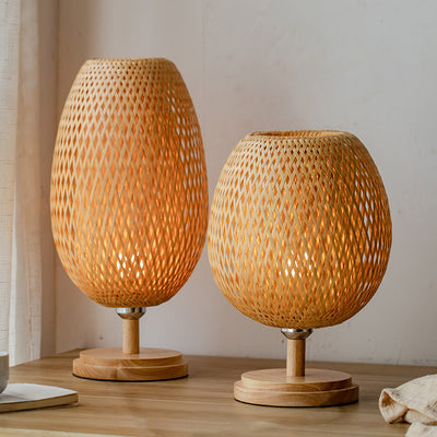 Traditional Japanese Round Base Hand Knitted Weaving Bamboo Wood Metal 1-Light Table Lamp For Bedroom