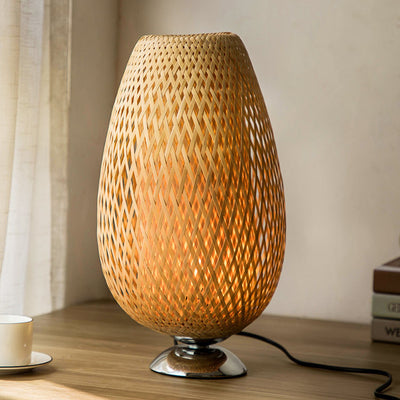 Traditional Japanese Round Base Hand Knitted Weaving Bamboo Wood Metal 1-Light Table Lamp For Bedroom