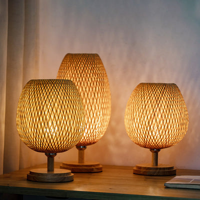 Traditional Japanese Round Base Hand Knitted Weaving Bamboo Wood Metal 1-Light Table Lamp For Bedroom