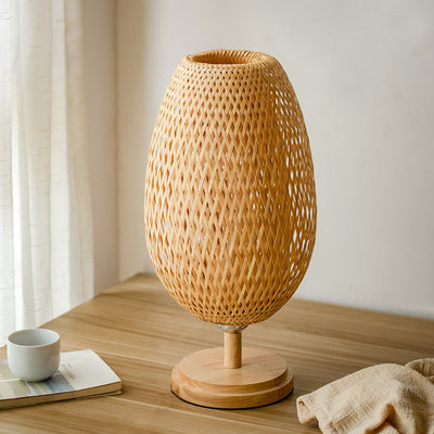 Traditional Japanese Round Base Hand Knitted Weaving Bamboo Wood Metal 1-Light Table Lamp For Bedroom