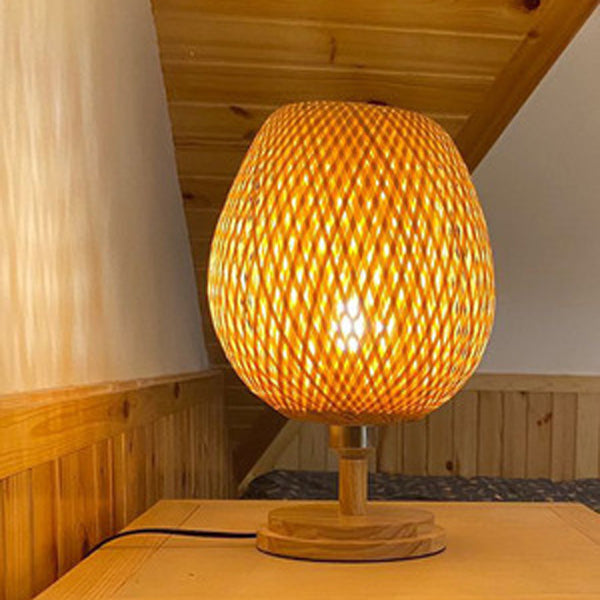 Traditional Japanese Round Base Hand Knitted Weaving Bamboo Wood Metal 1-Light Table Lamp For Bedroom