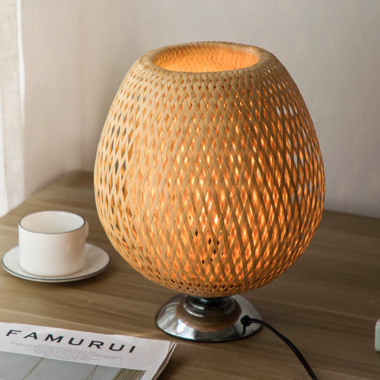 Traditional Japanese Round Base Hand Knitted Weaving Bamboo Wood Metal 1-Light Table Lamp For Bedroom