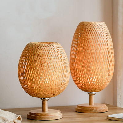 Traditional Japanese Round Base Hand Knitted Weaving Bamboo Wood Metal 1-Light Table Lamp For Bedroom