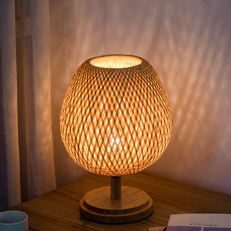 Traditional Japanese Round Base Hand Knitted Weaving Bamboo Wood Metal 1-Light Table Lamp For Bedroom