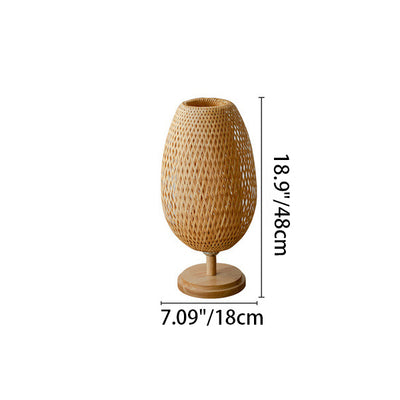 Traditional Japanese Round Base Hand Knitted Weaving Bamboo Wood Metal 1-Light Table Lamp For Bedroom