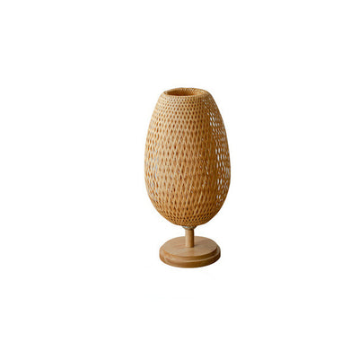 Traditional Japanese Round Base Hand Knitted Weaving Bamboo Wood Metal 1-Light Table Lamp For Bedroom