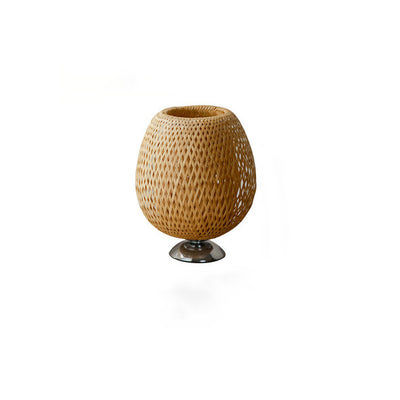 Traditional Japanese Round Base Hand Knitted Weaving Bamboo Wood Metal 1-Light Table Lamp For Bedroom