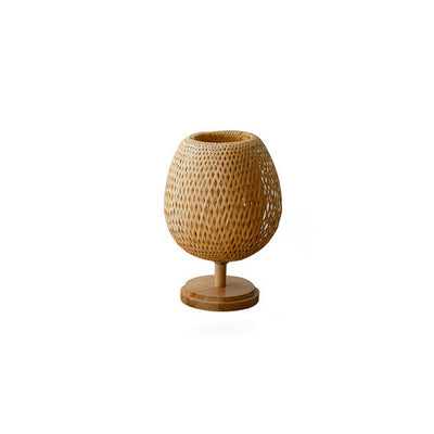 Traditional Japanese Round Base Hand Knitted Weaving Bamboo Wood Metal 1-Light Table Lamp For Bedroom