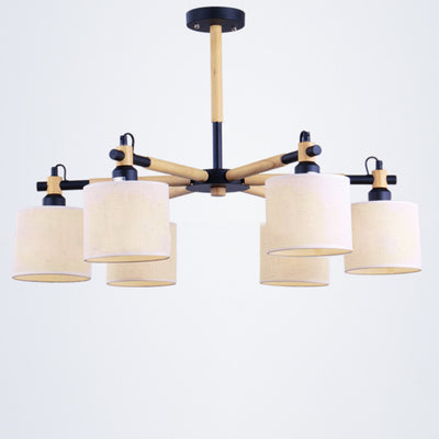 Contemporary Nordic Drum Shape Fabric Wood 6-Lights Chandelier For Living Room