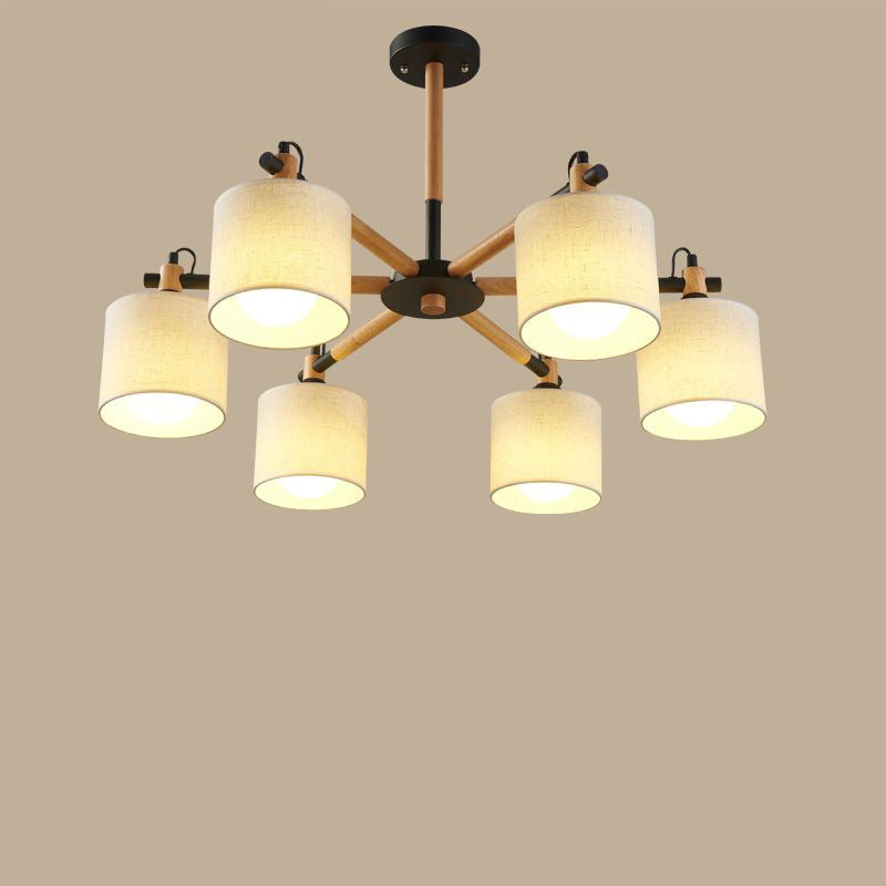 Contemporary Nordic Drum Shape Fabric Wood 6-Lights Chandelier For Living Room