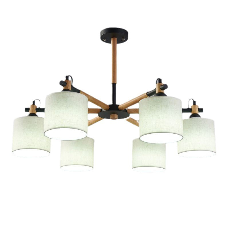 Contemporary Nordic Drum Shape Fabric Wood 6-Lights Chandelier For Living Room