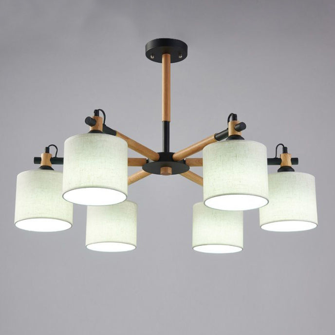 Contemporary Nordic Drum Shape Fabric Wood 6-Lights Chandelier For Living Room