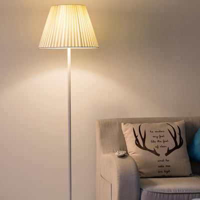 Moderne minimalistische Zylinder lange Stange Eisen Stoff 1-Licht stehende Stehlampe für Schlafzimmer 