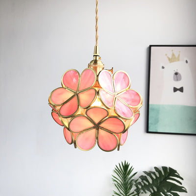 Contemporary Luxury Flower Petal Stained Glass Brass Iron 1-Light Pendant Light For Living Room