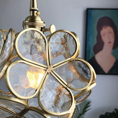 Contemporary Luxury Flower Petal Stained Glass Brass Iron 1-Light Pendant Light For Living Room