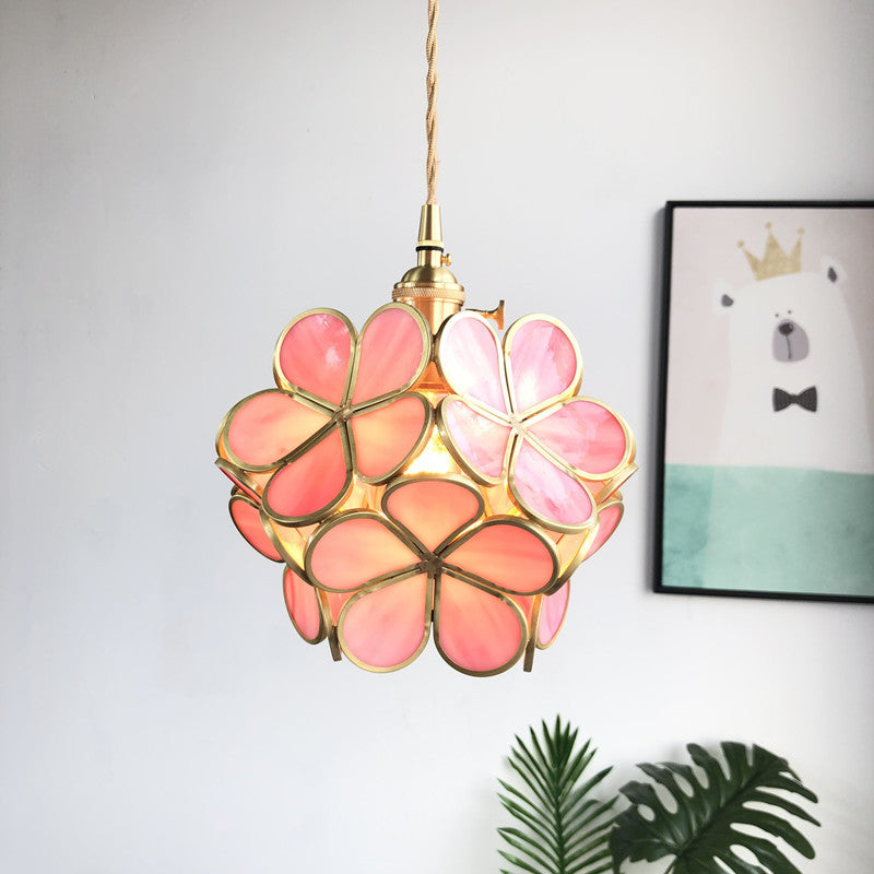 Contemporary Luxury Flower Petal Stained Glass Brass Iron 1-Light Pendant Light For Living Room