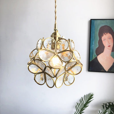 Contemporary Luxury Flower Petal Stained Glass Brass Iron 1-Light Pendant Light For Living Room