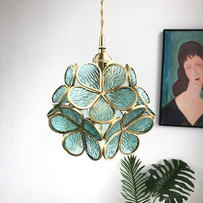 Contemporary Luxury Flower Petal Stained Glass Brass Iron 1-Light Pendant Light For Living Room